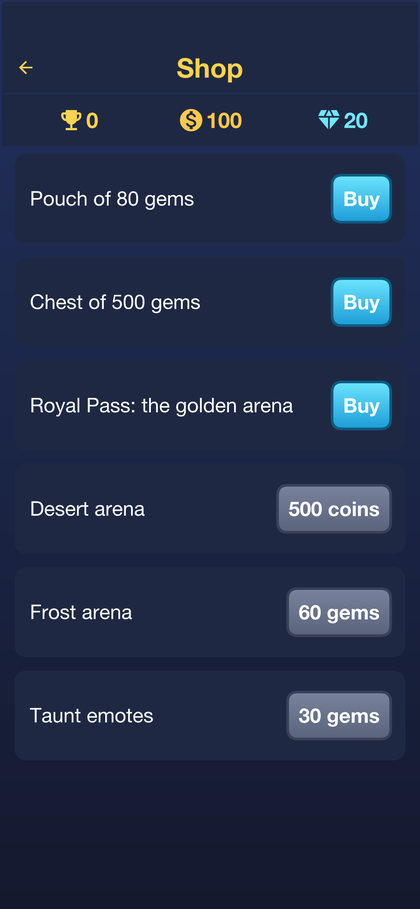 The Skirmish shop with gem packs and a season pass