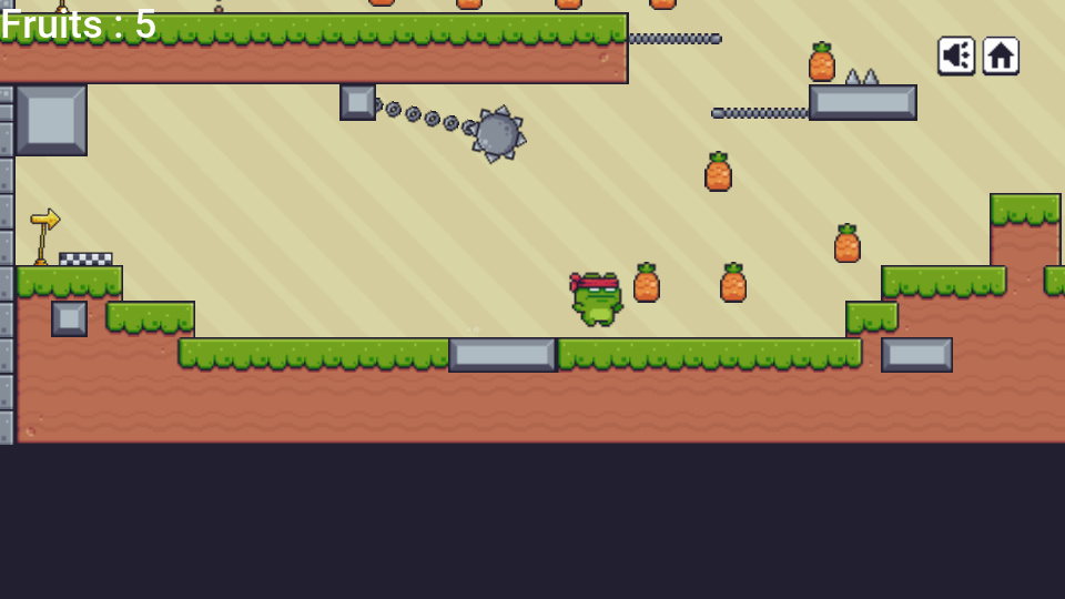 Fruitopia running on the Codename One runtime: the frog hero in a tile map level with pineapples to collect, a spiked ball and the fruit counter