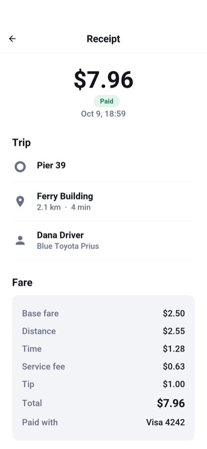 Read the fare breakdown and payment result.