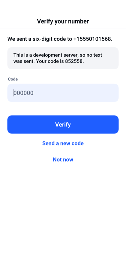 Verify a phone number; development shows the code.
